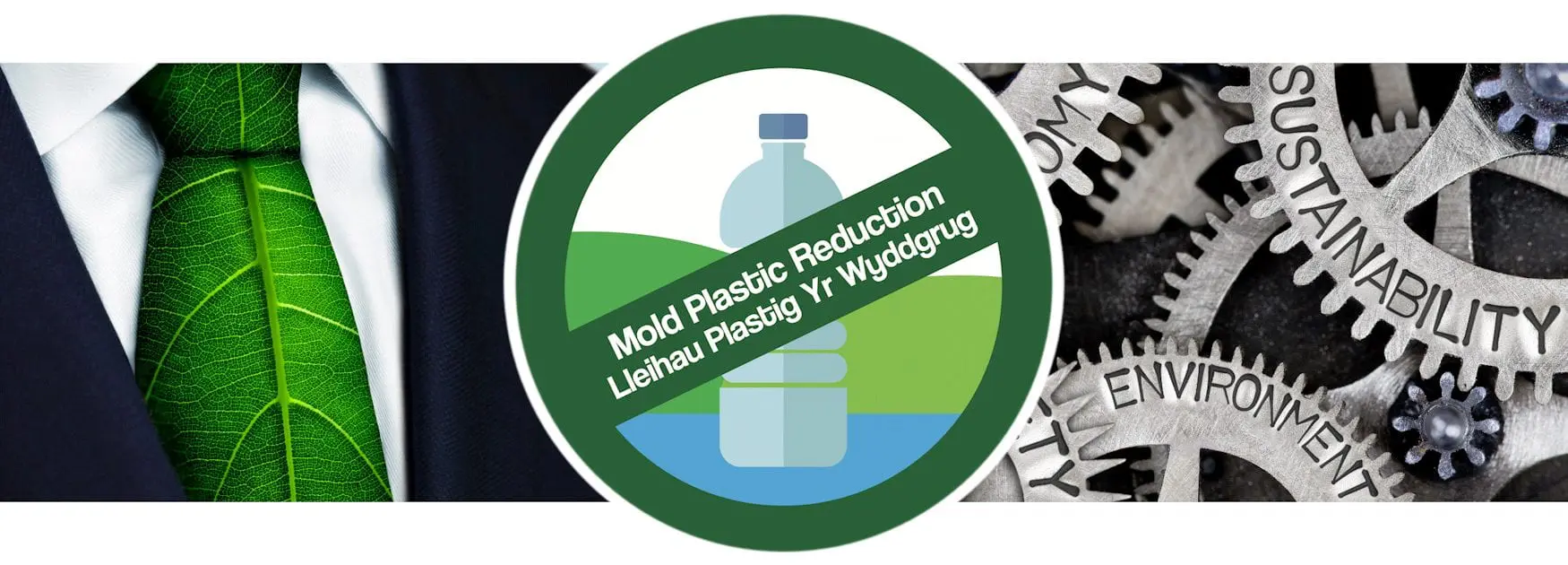 Header for Plastic Free Business Hacks page showing collage of shirt with leaf tie and cogs engraved with words including sustainability and environment
