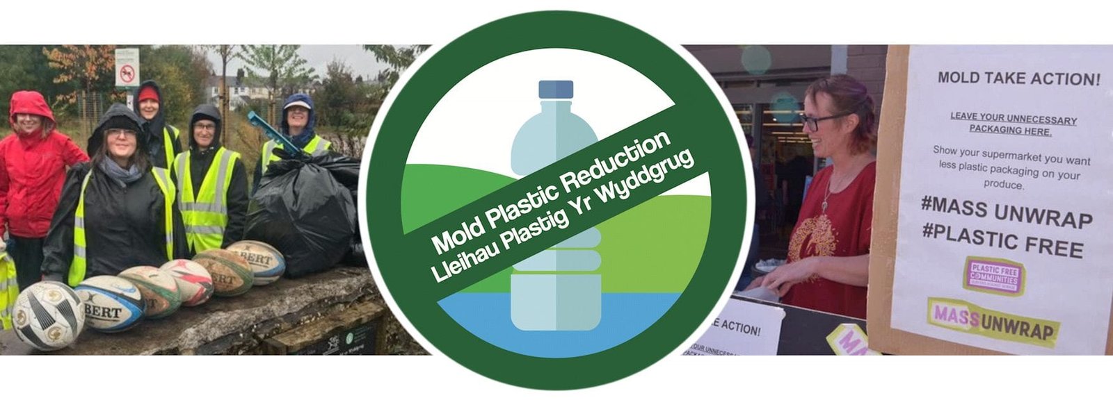 Header image for Mold Plastic Reduction News and Events page showing litter pickers and plastic mass unwrap