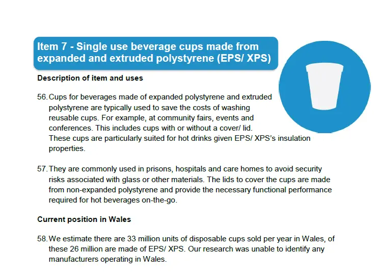 Extract from Welsh Government Consultation Document 'Reducing single use plastics' showing information on single use beverage cups made from expanded and extruded polystyrene.