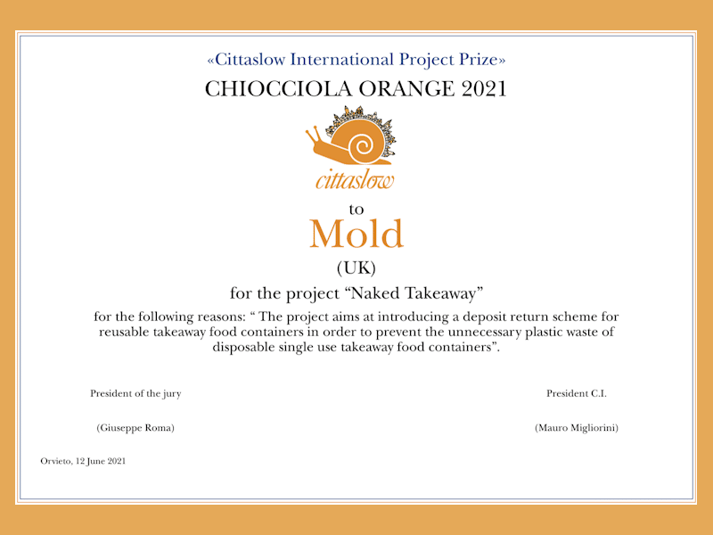 Naked Takeaway Cittaslow Chiocciola Orange 2021 Award certificate.