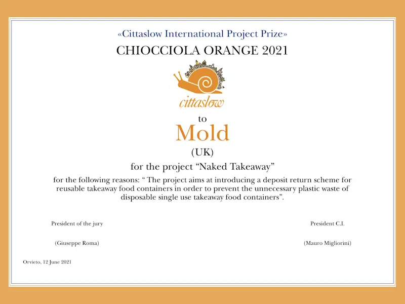 Naked Takeaway Cittaslow Chiocciola Orange 2021 Award certificate.