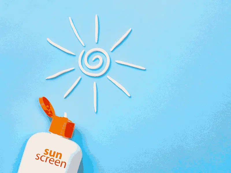 Cartoon style image of sunscreen bottle and sun made from sun cream.