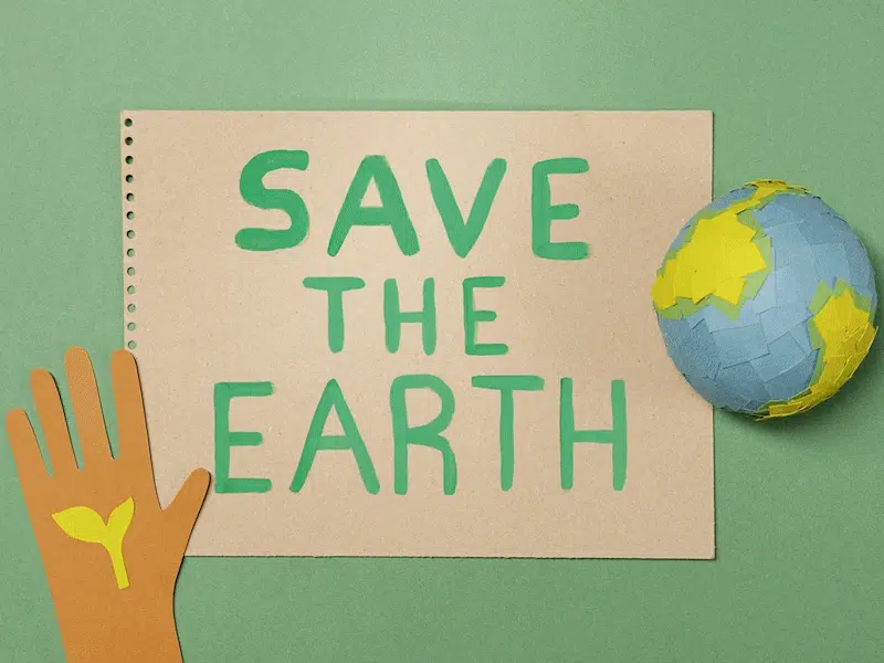 Save the Earth written in green on brown background.
