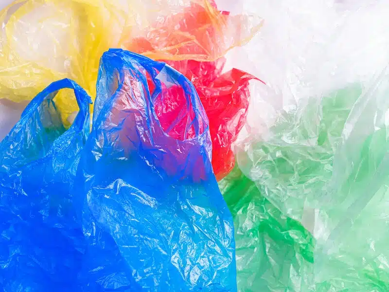 Colourful plastic bags for soft plastic recycling.