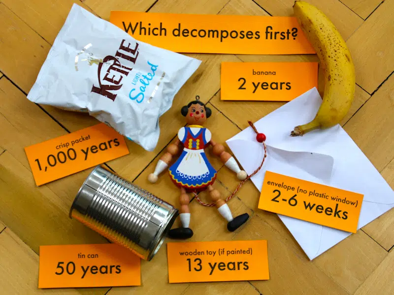 Which decomposes fastest - a packet of crisps, a tin can, a wooden painted toy, a banana, or a paper envelope?