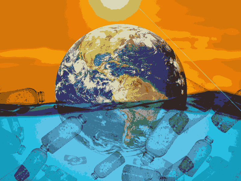 Stylised image of planet Earth floating in sea of plastic waste