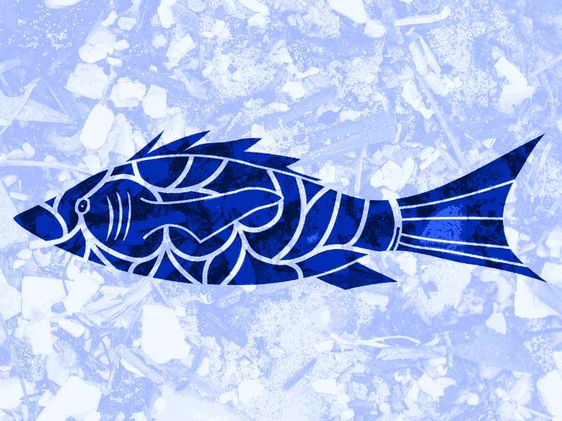 Stylised bright blue fish on background of pale blue plastic waste.