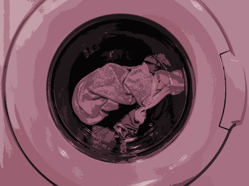 Stylised image of washing machine with clothes visible through the door.